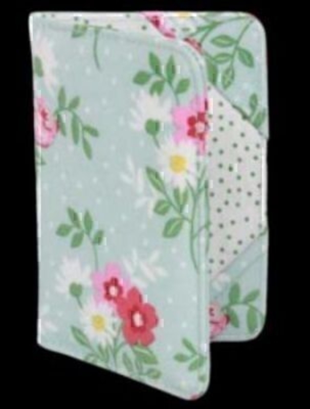 Flourish floral passport cover by Gisela Graham. Pale blue with pink and white Flowers. Wipe clean PVC. Size 14x10cm